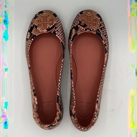 NIB Tory Burch Pink Minnie Travel Snake Print Leather Reva Ballet Flats Size 6.5 - Picture 4 of 10